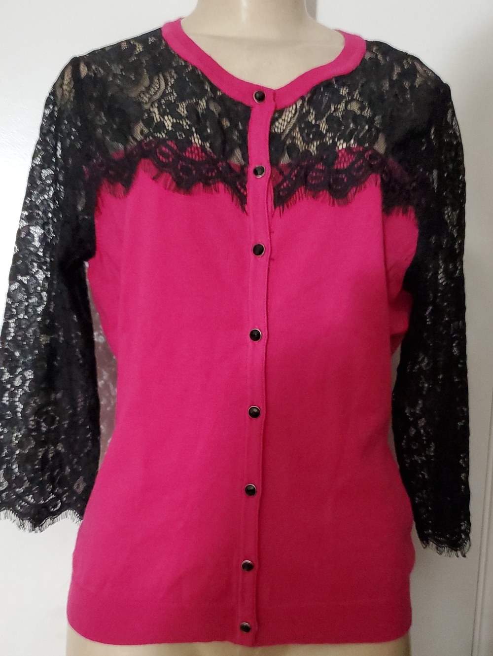 Boston Proper Hot Pink Button-Front Top with Black Lace Yoke